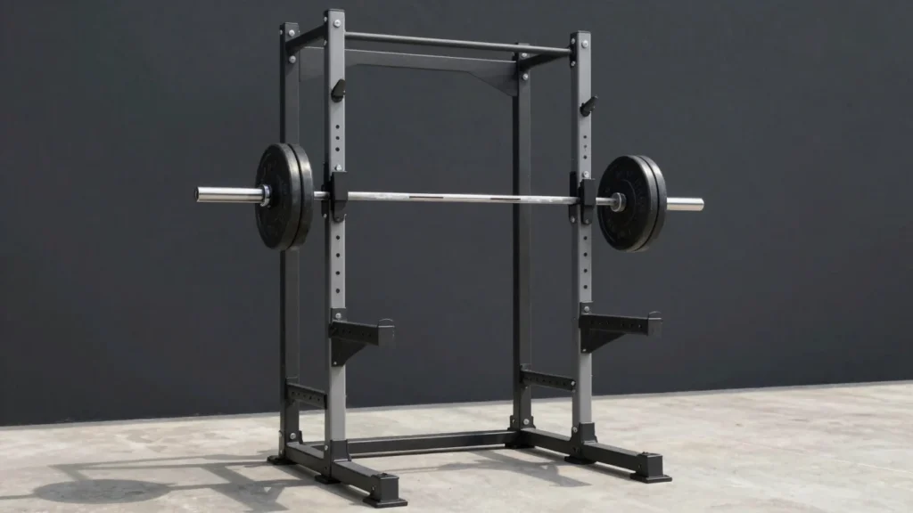 Squat rack holding a loaded Olympic barbell against a dark wall