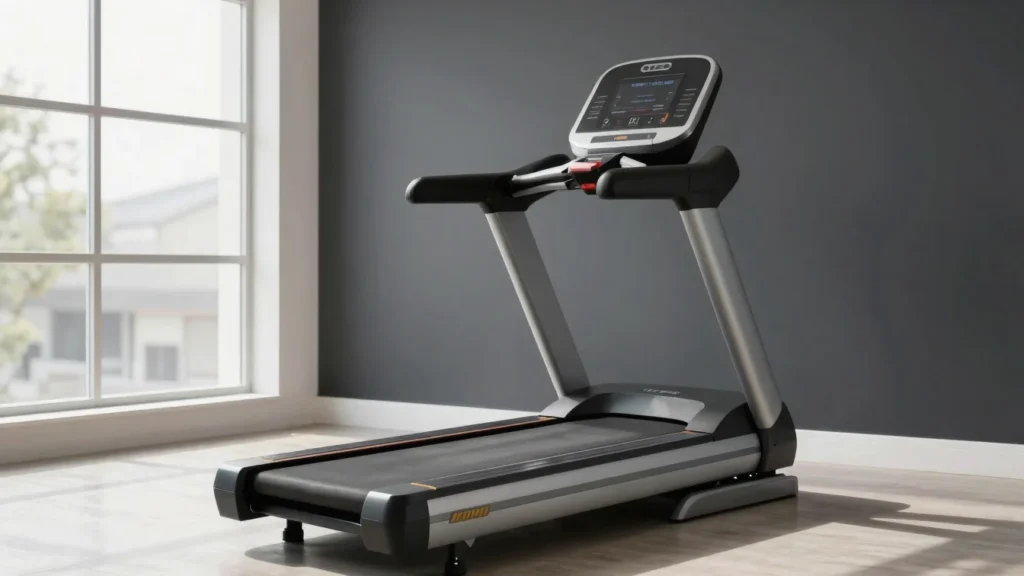 Folding treadmill in a home gym beside a window