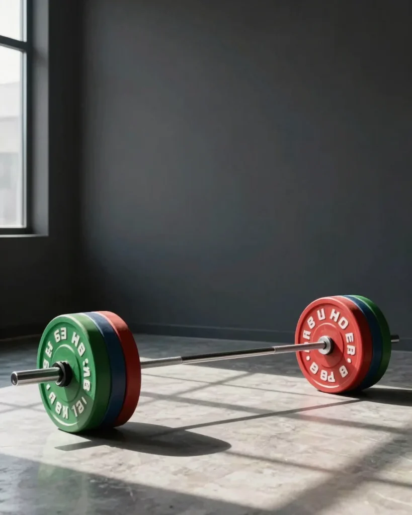 Barbell loaded with colored bumper plates