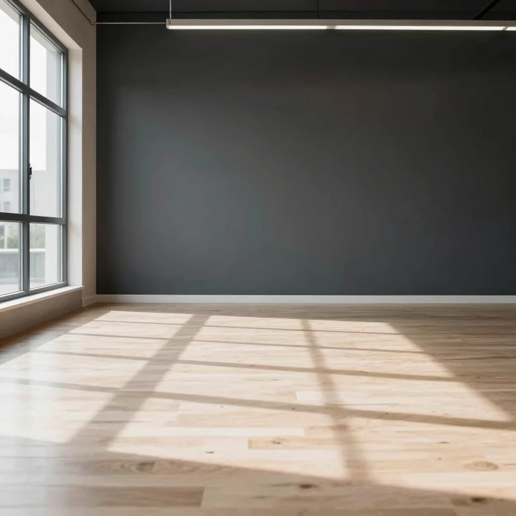 Empty room with a dark accent wall and wood floor, ready for a home gym